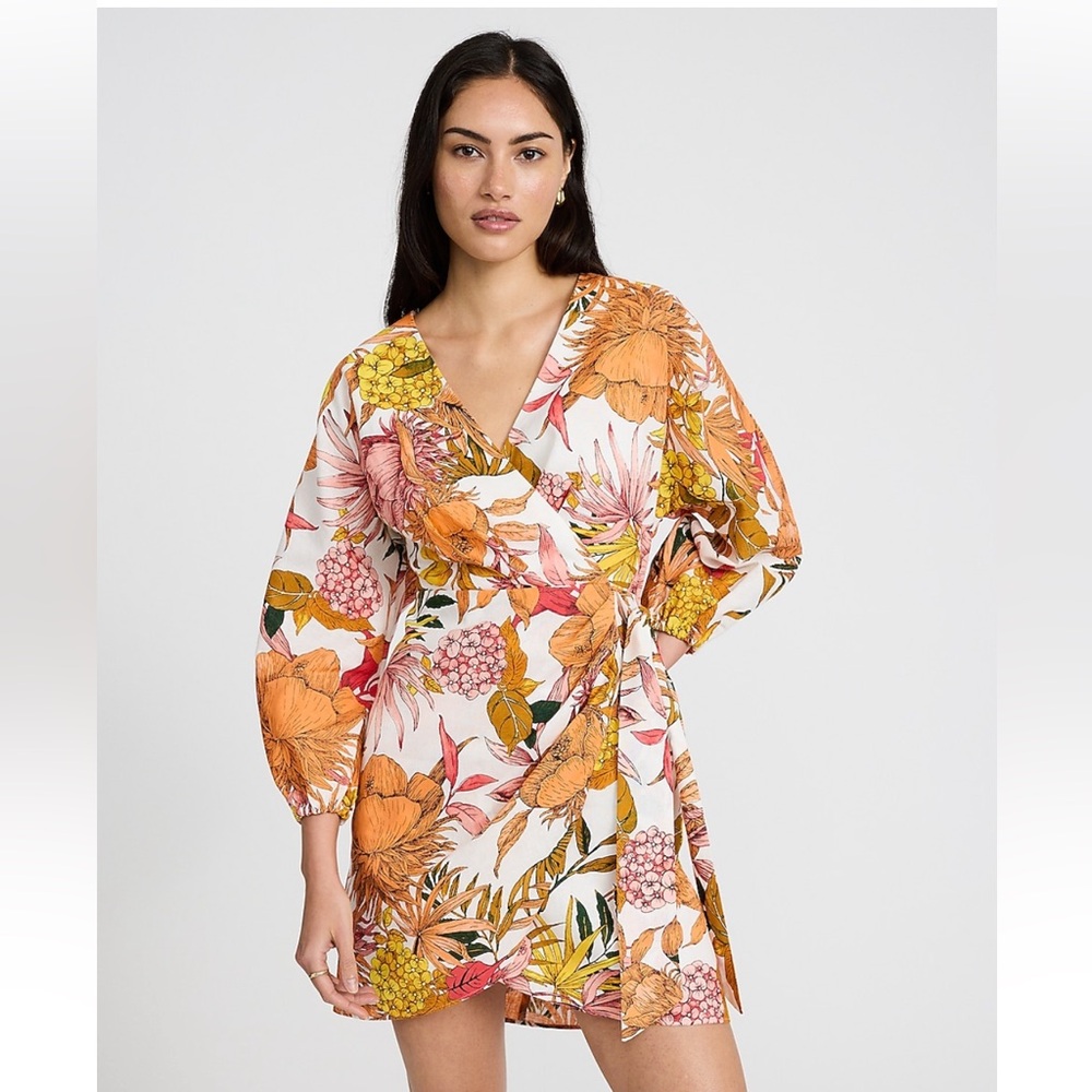 Express Floral Wrap Dress - Orange and Yellow